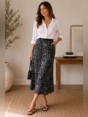 Express Gray Leopard Print Satin Maxi Skirt Women’s Medium